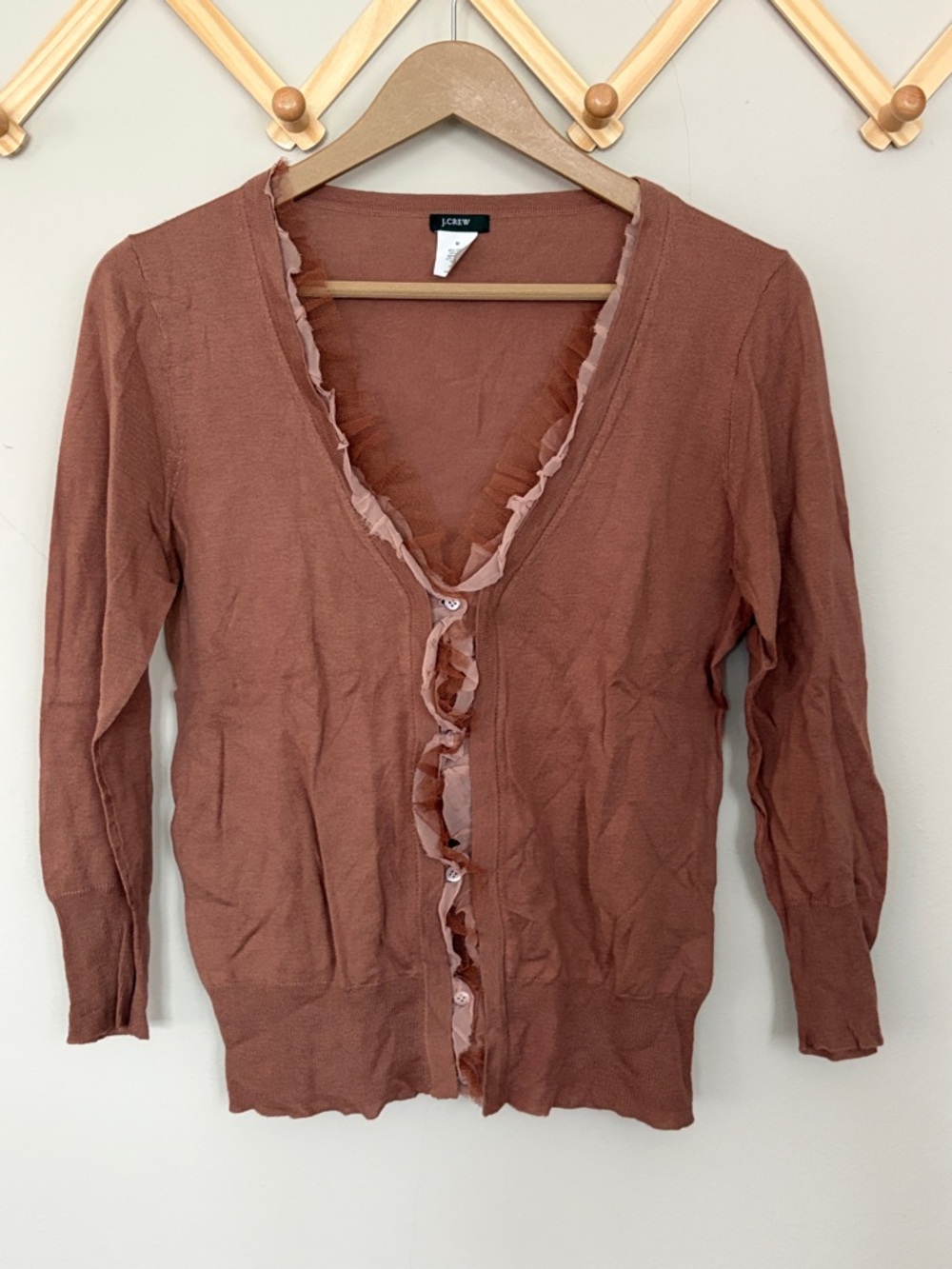 J. Crew Rust Brown Ruffle-Trim Cardigan